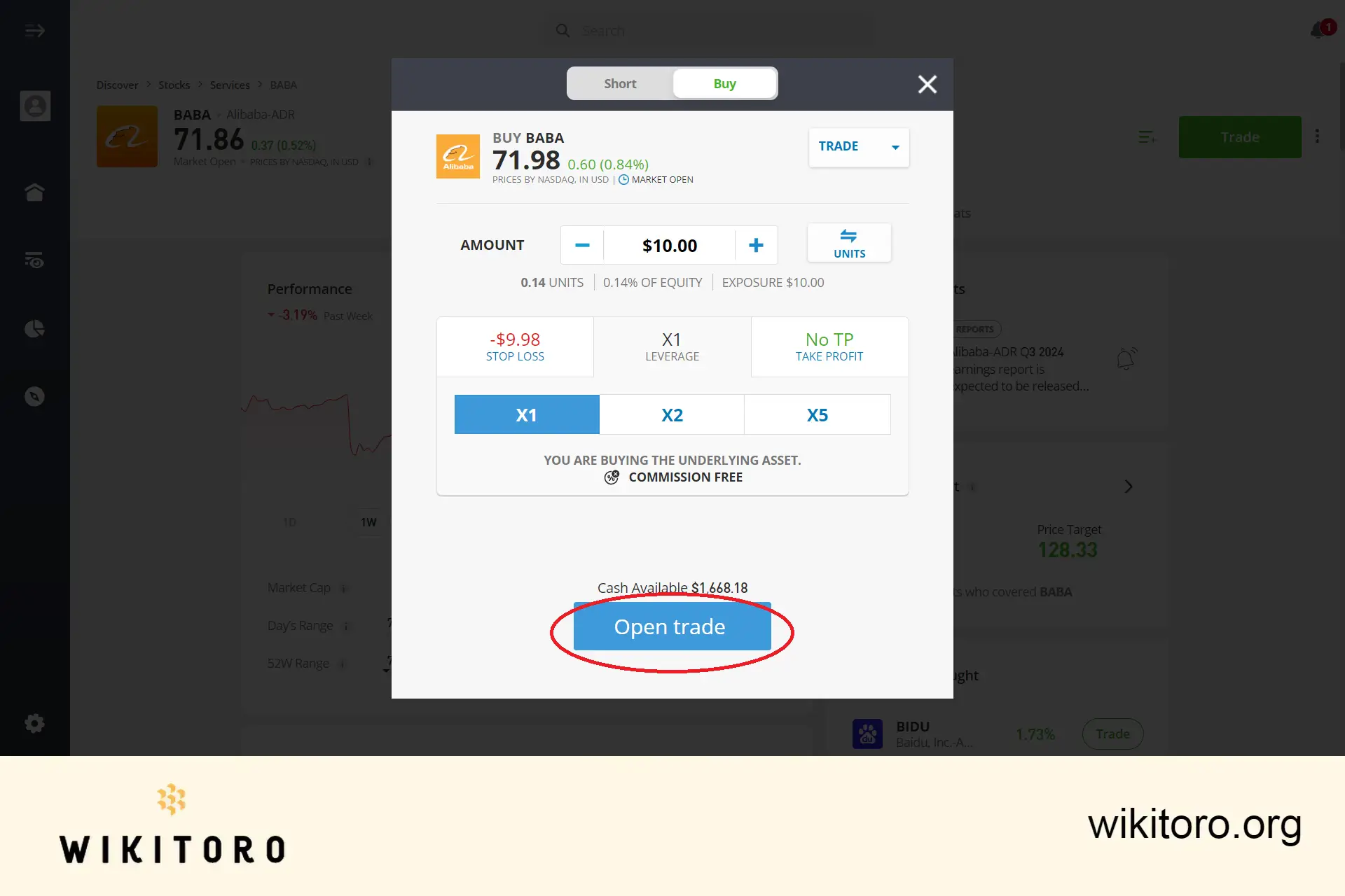 Provedení obchodu s akciemi eToro Alibaba