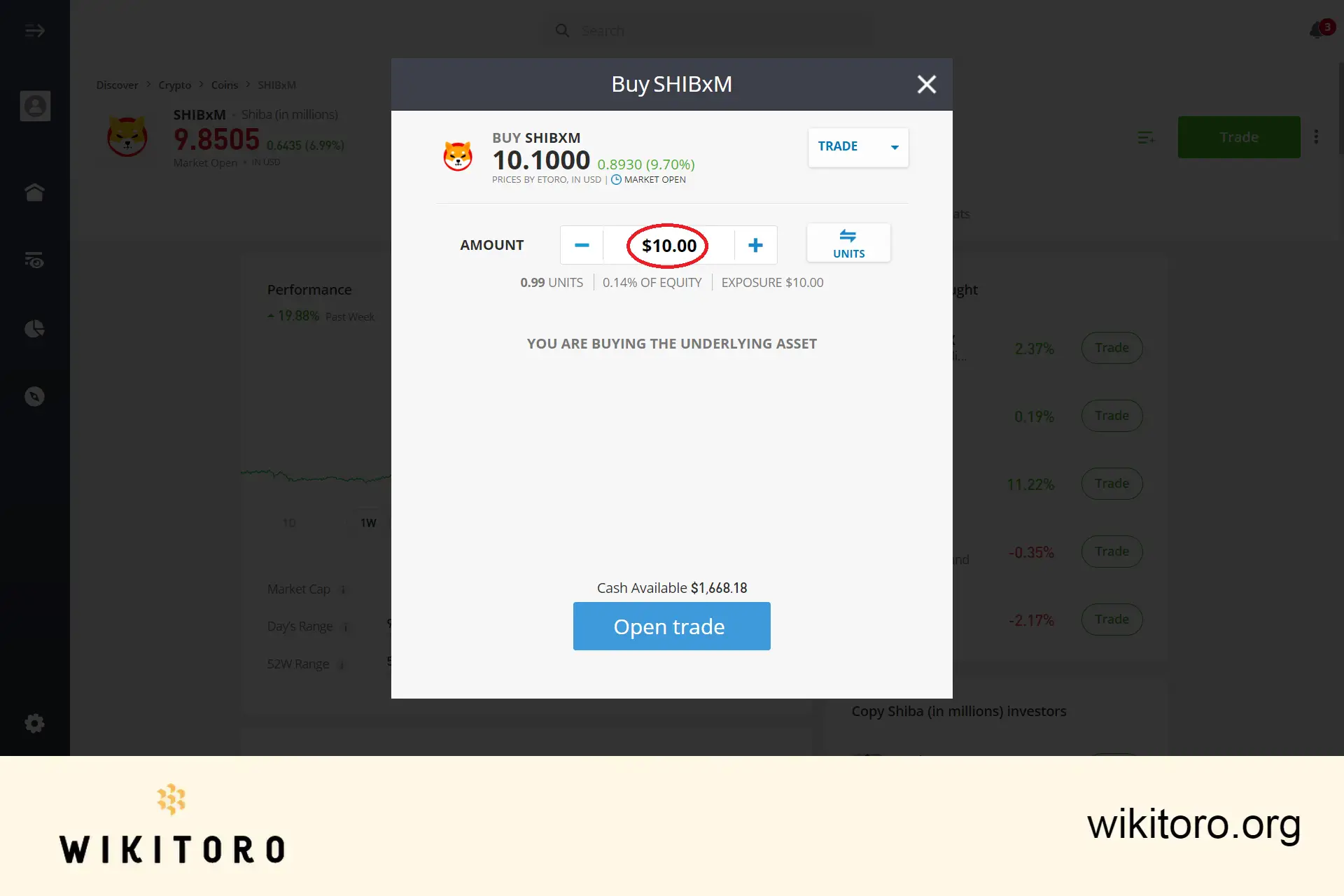 eToro Shiba Inu minimální obchod je 10 USD