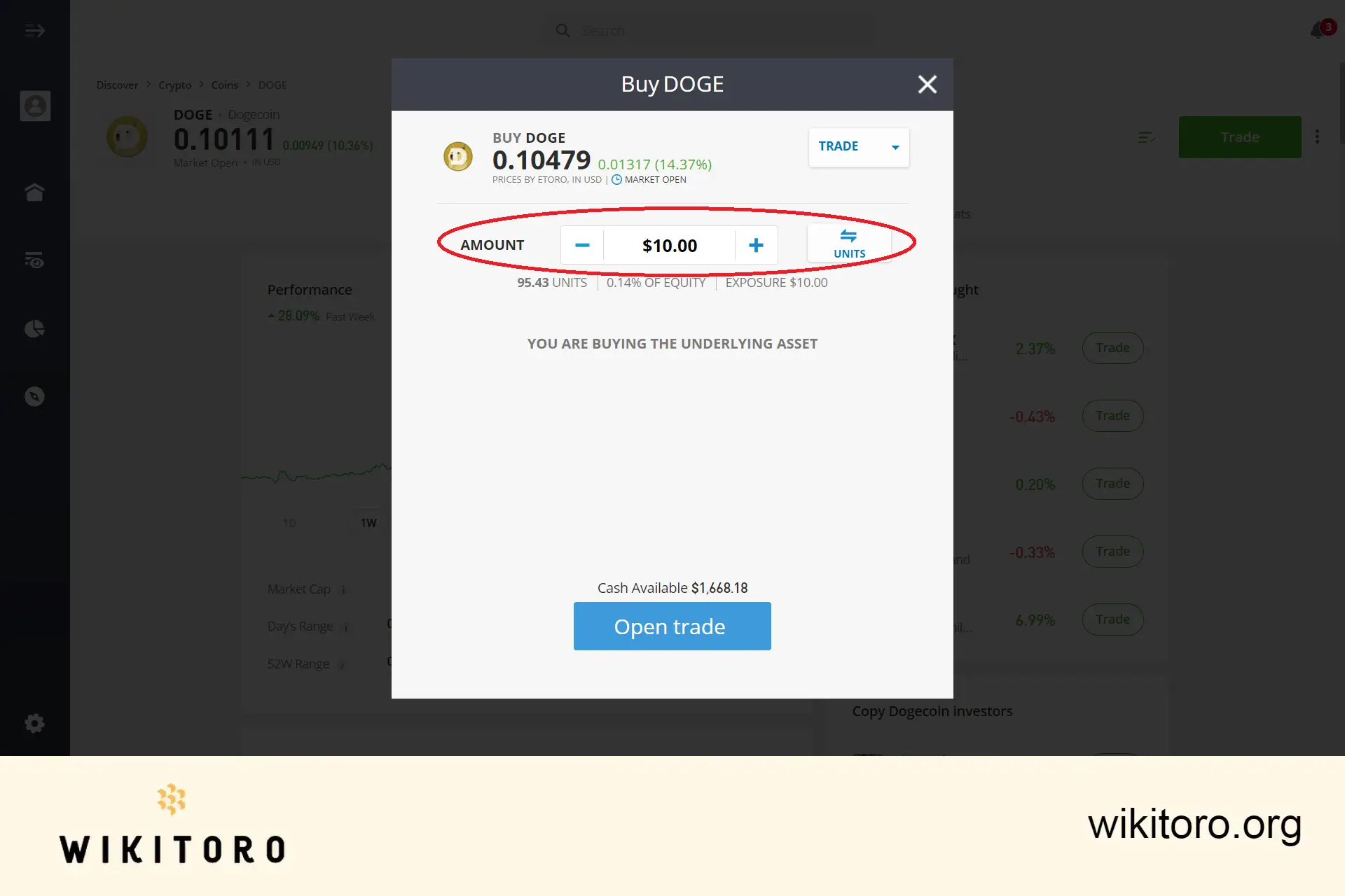 Nákup dogecoinu na eToro 