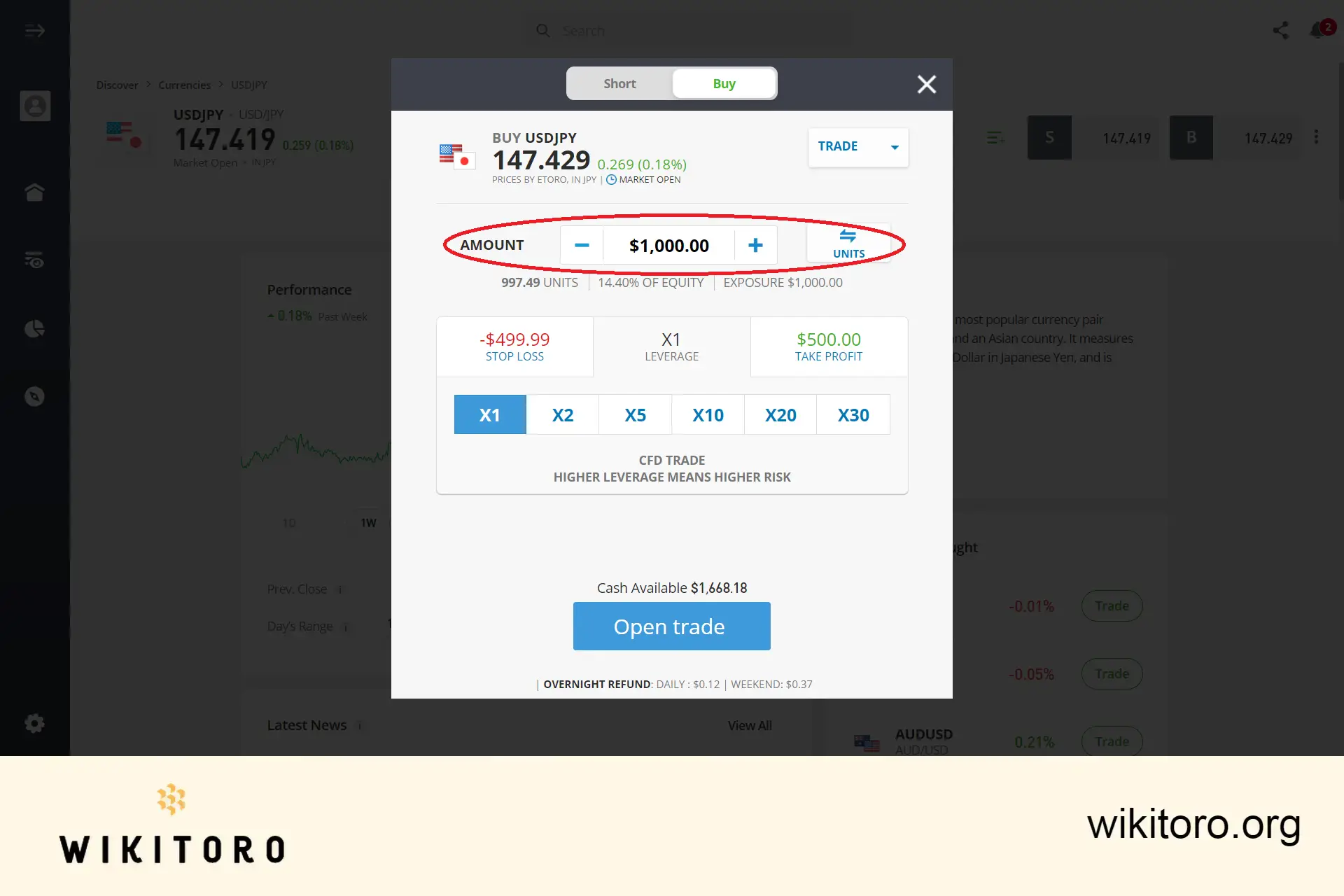 Zadání obchodní částky eToro USDJPY