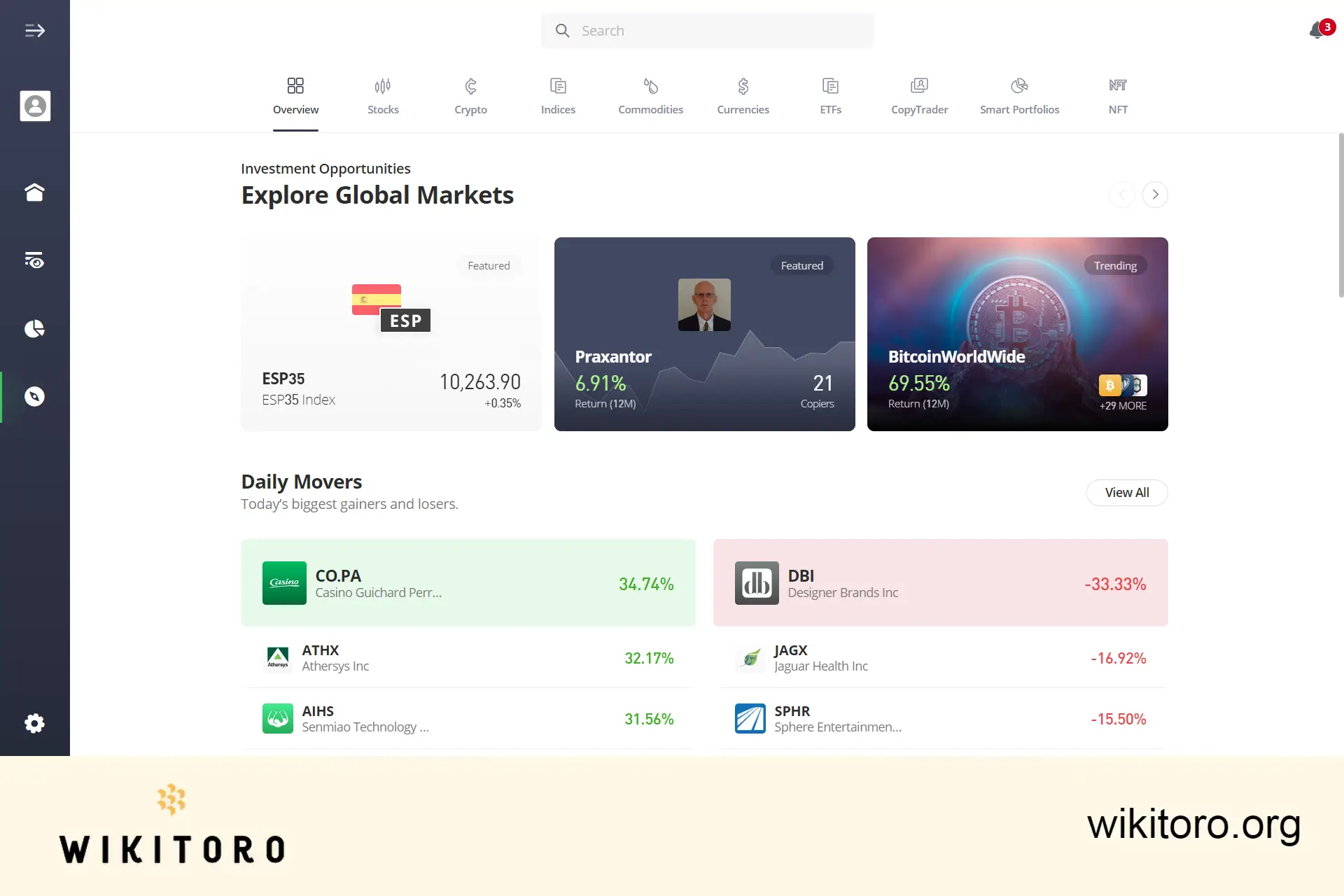 Obchodní stránka eToro Discover