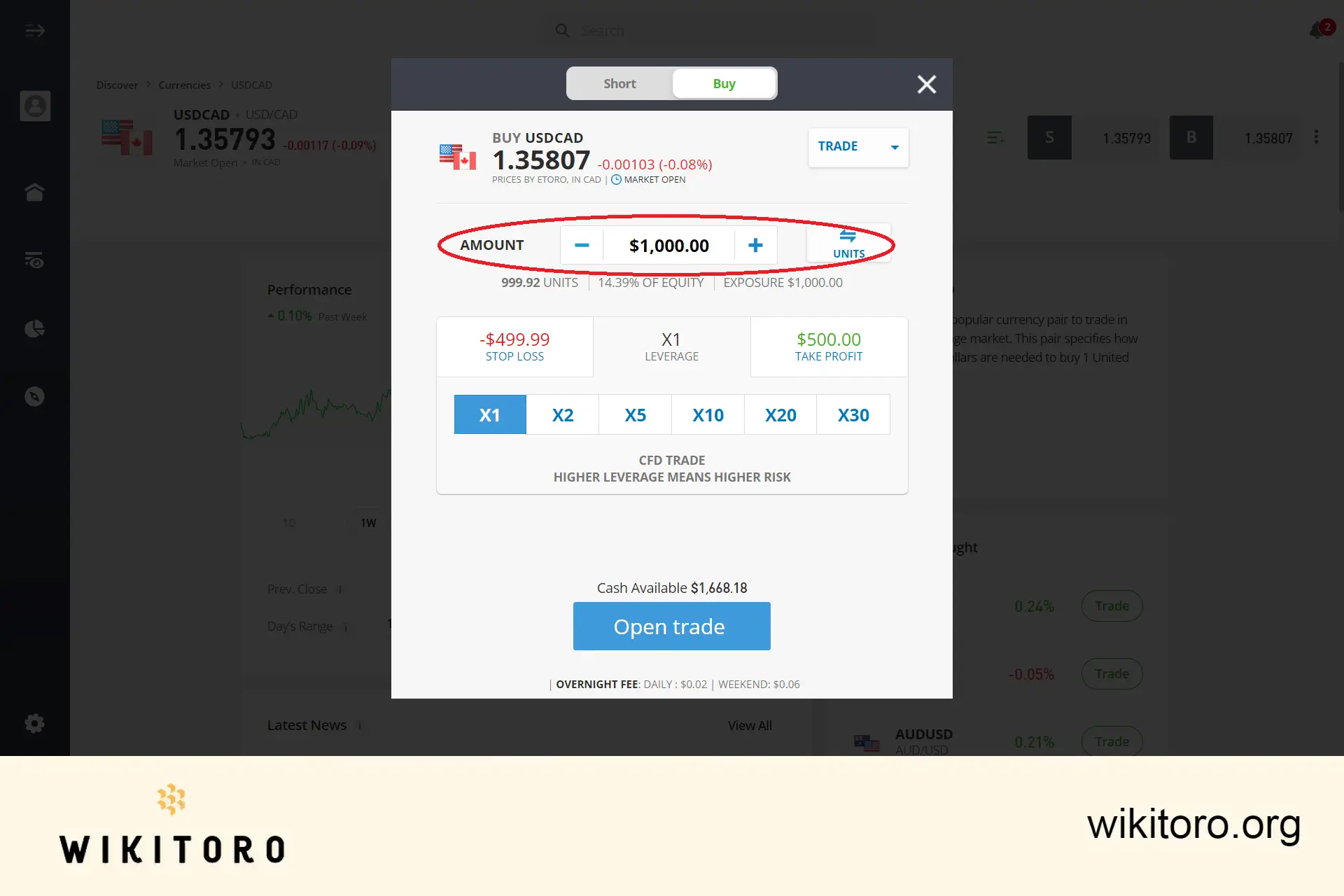 Zadání obchodního objemu eToro USDCAD