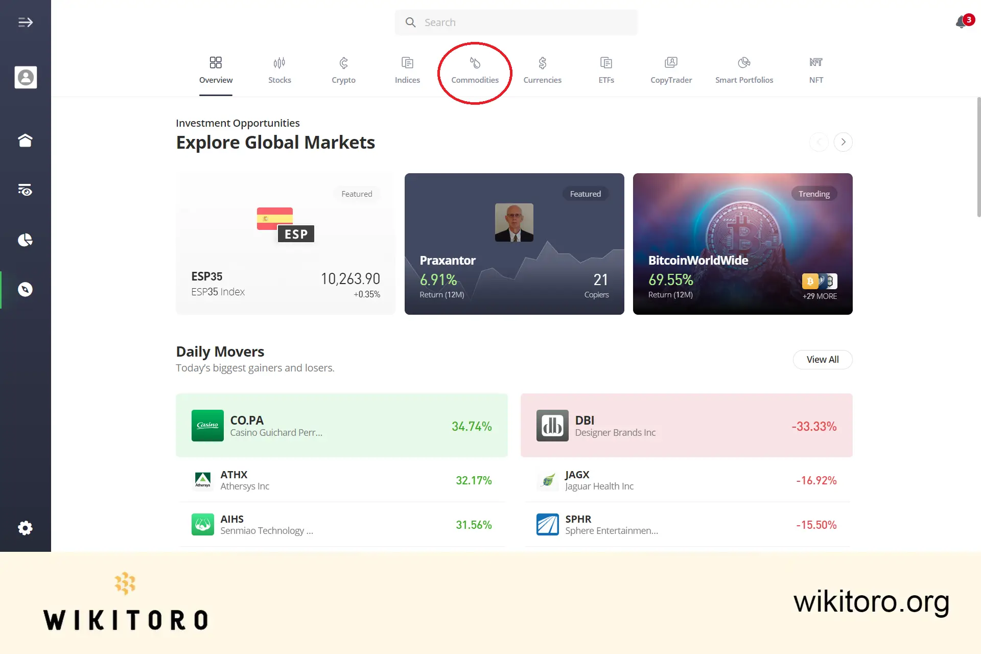 Výběr kategorie aktiv Komodity na eToro