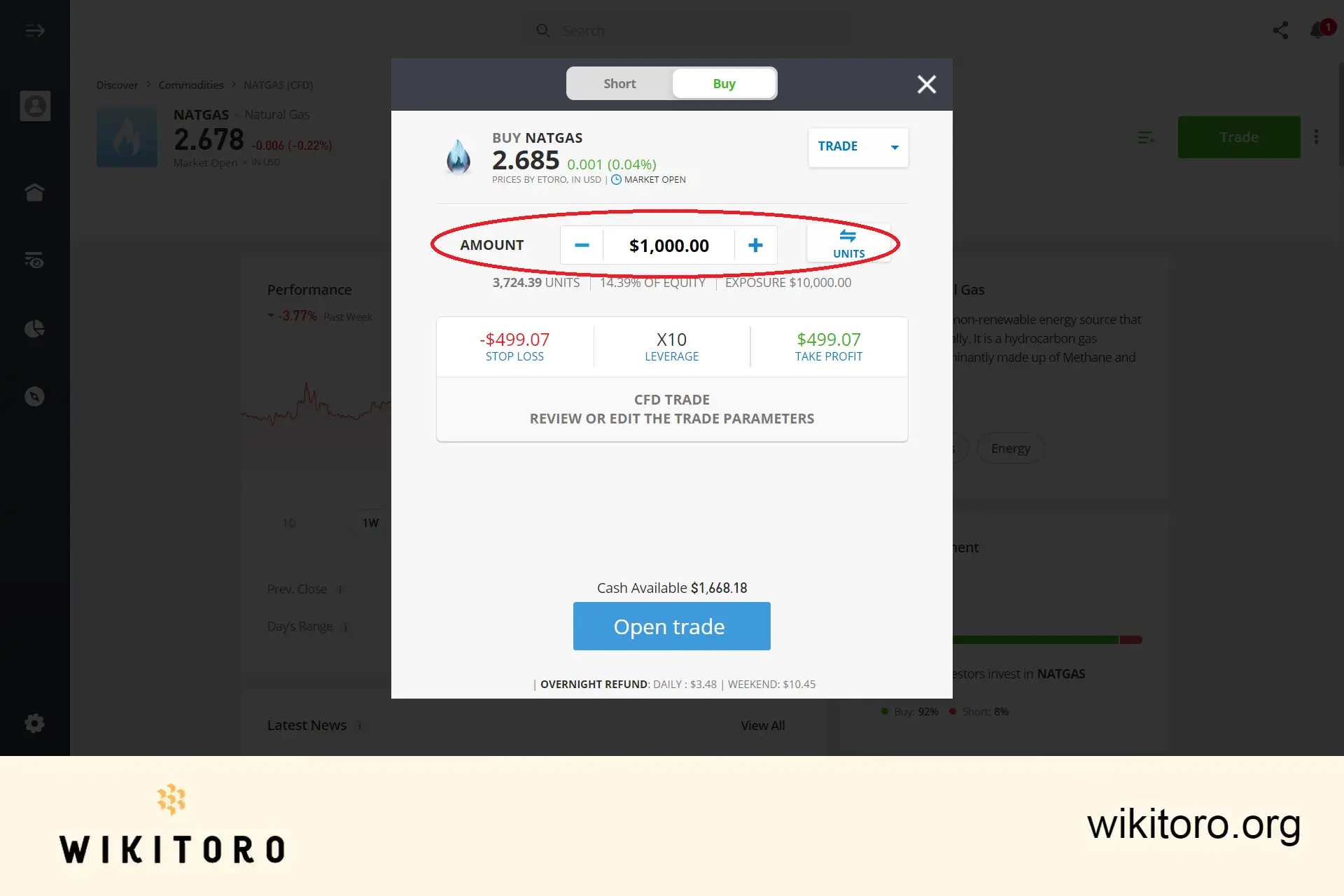 Nastavení obchodních parametrů zemního plynu na eToro