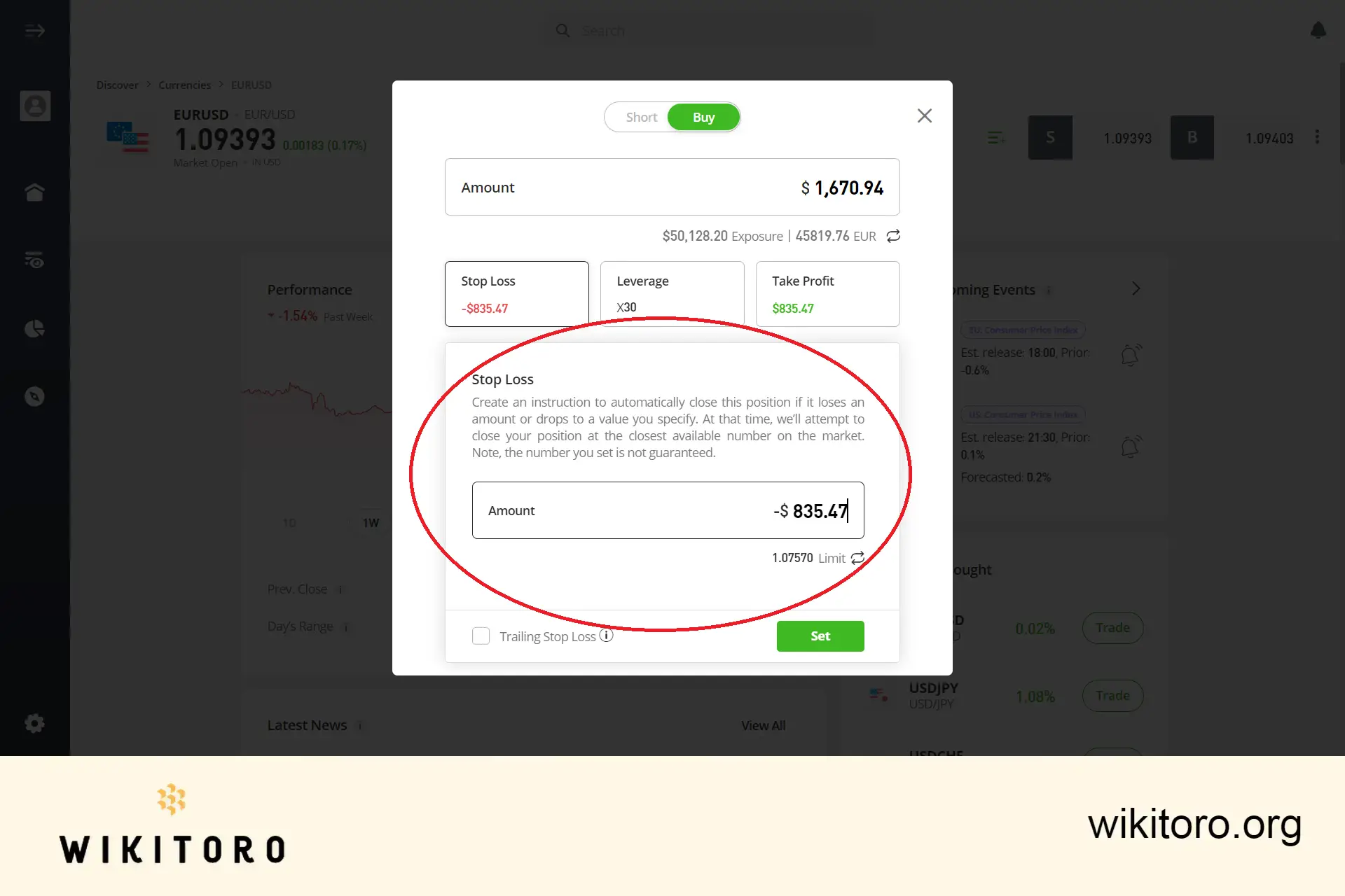 Nastavení výše nebo limitu stop loss eToro