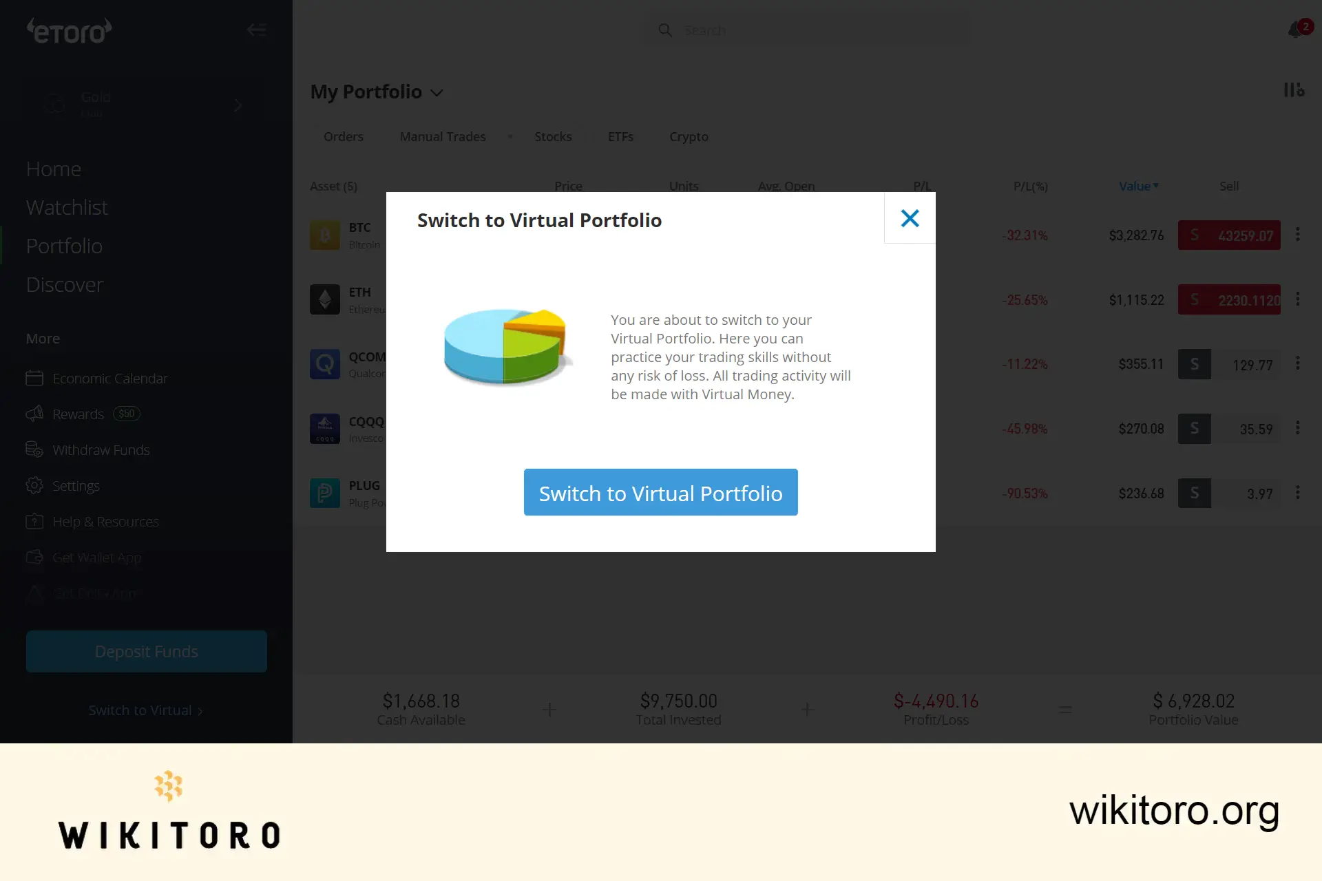 Přepnutí na oznámení o virtuálním portfoliu eToro