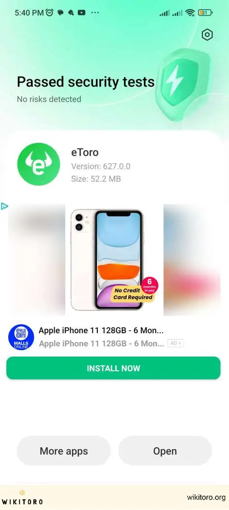 Aplikace eToro nainstalovaná na zařízení se systémem Android