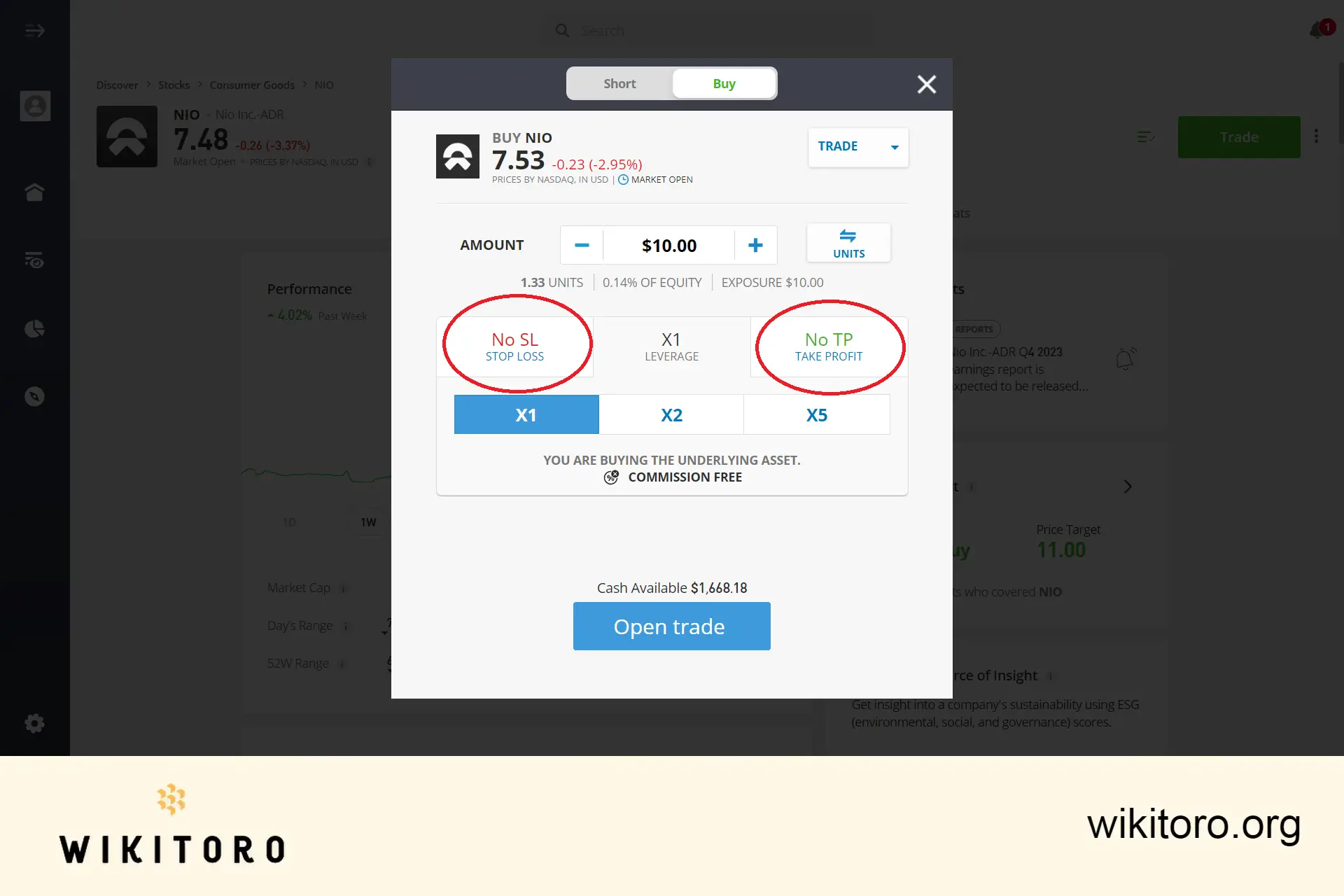 Nastavení obchodních parametrů akcií eToro NIO