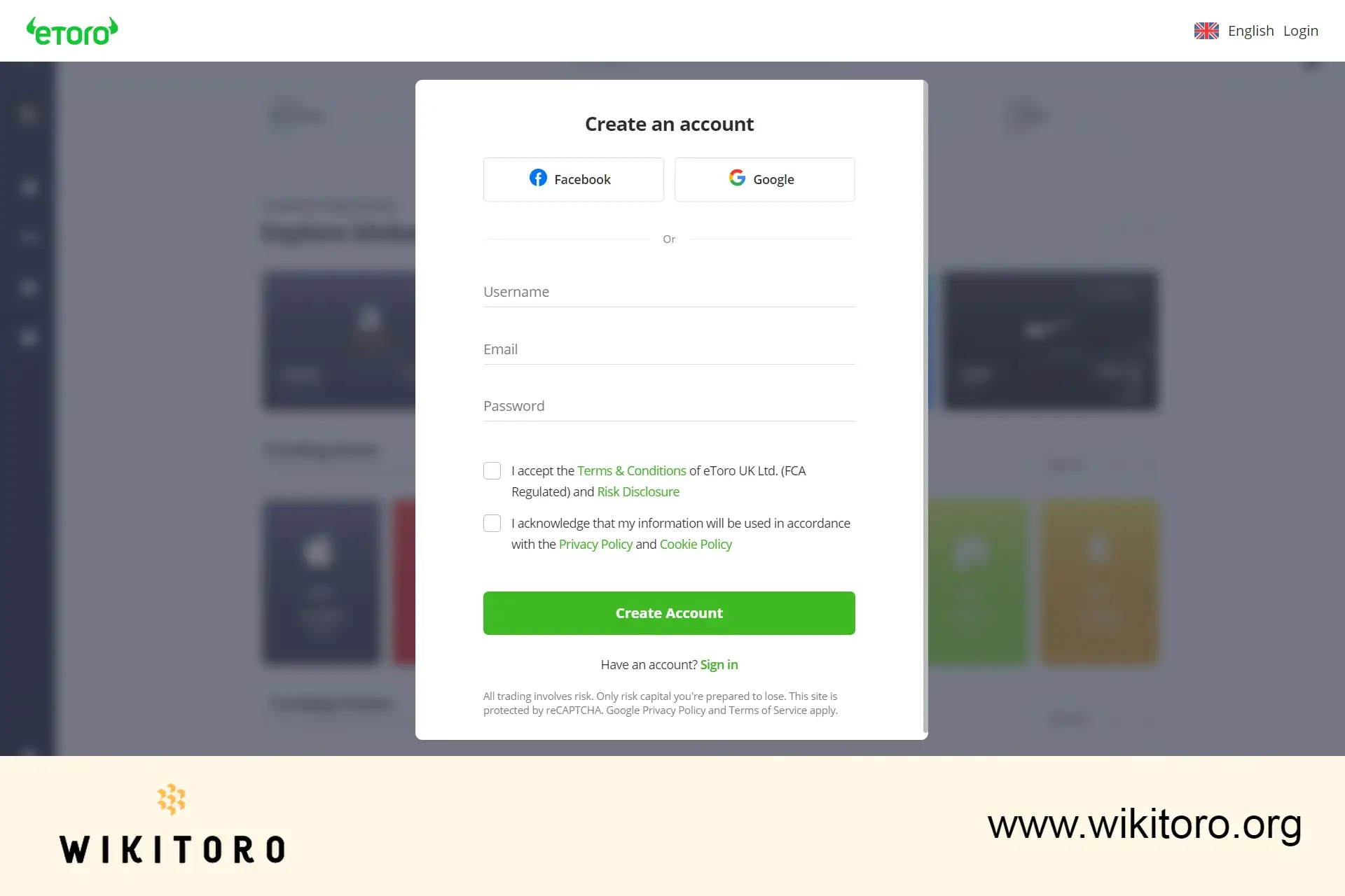 Registrační stránka eToro
