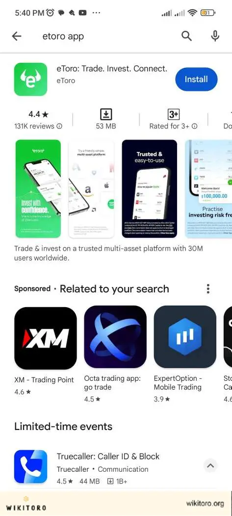 Aplikace eToro v Obchodě Google Play