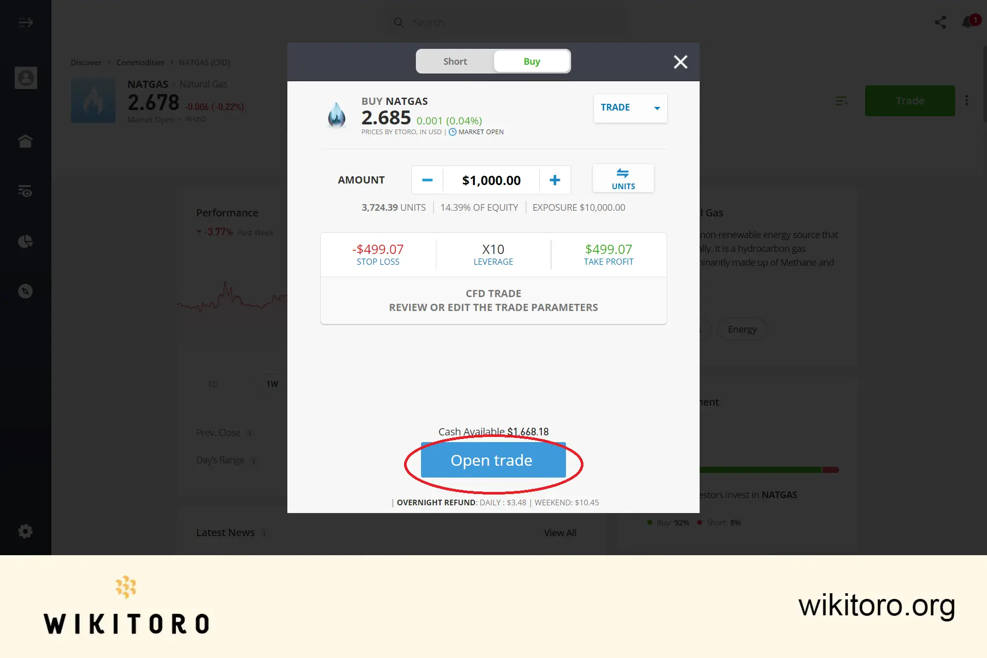 Provedení obchodního příkazu eToro Natural Gas