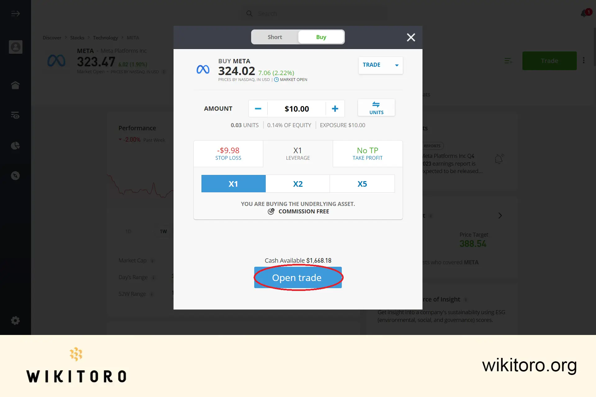 Provedení obchodu s akciemi eToro Meta