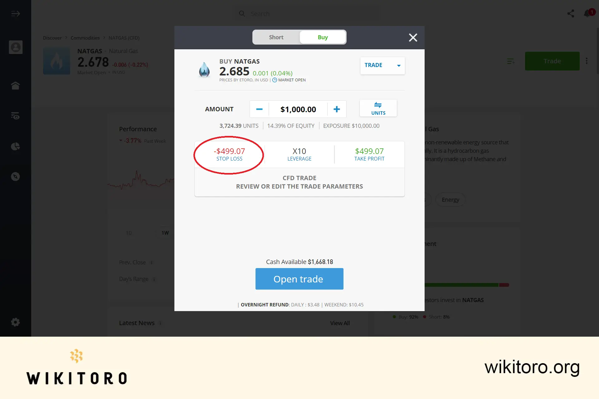 Nastavení obchodních parametrů zemního plynu na eToro