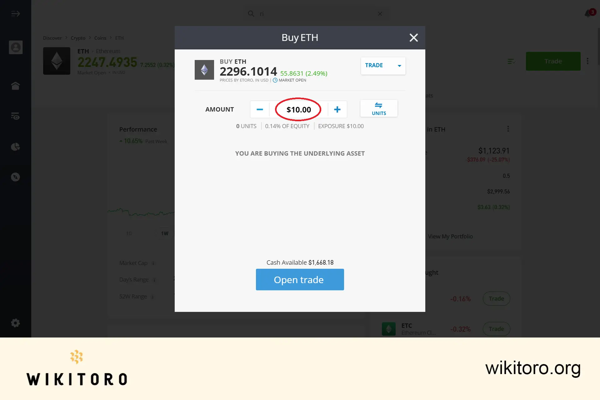 eToro Ethereum minimum trade is $10